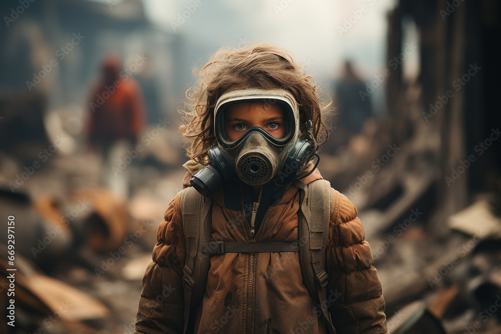 A child wearing a protective face mask in a heavily polluted city, addressing the health risks of air pollution, especially for vulnerable populations. Generative Ai. A child wearing a protective face mask in a heavily polluted city, addressing the health risks of air pollution, especially for vulnerable populations. Generative Ai.