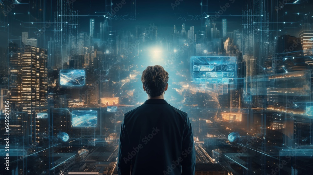 Fototapeta premium Digital transformation concept. A man looking into a virtual digital cyber metaverse that overlaps the real world.