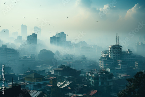 Smog-covered cityscape with buildings barely visible in the haze, illustrating the detrimental effects of urban air pollution. Generative Ai.