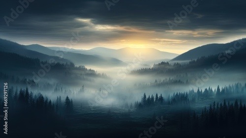 Dark foggy background, misty forest with mountains in the morning sunlight, monochrome backgrounds