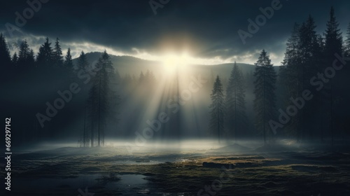 Dark foggy background, misty forest with mountains in the morning sunlight, monochrome backgrounds