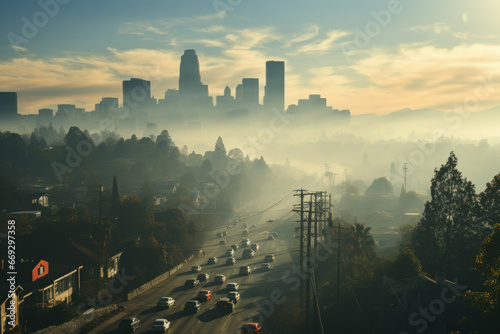 A hazy, polluted skyline in a major city, showcasing the need for cleaner energy sources and reduced urban pollution. Generative Ai.