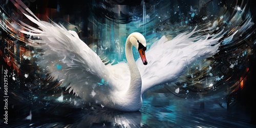 Fototapeta Naklejka Na Ścianę i Meble -  Swan on the water.. Digital watercolor painting. 
