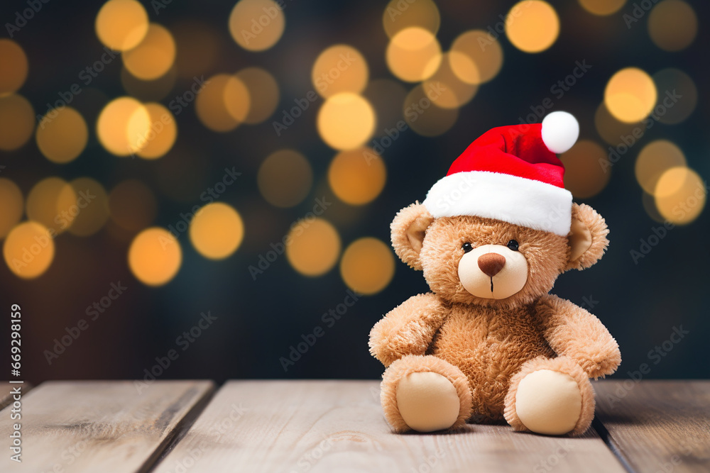 Teddy Bear on a Christmas Decorated Wooden Background - Created with Generative AI Tools Teddy Bear on a Christmas Decorated Wooden Background - Created with Generative AI Tools