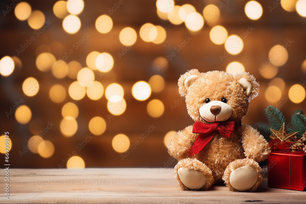 Teddy Bear on a Christmas Decorated Wooden Background - Created with Generative AI Tools Teddy Bear on a Christmas Decorated Wooden Background - Created with Generative AI Tools
