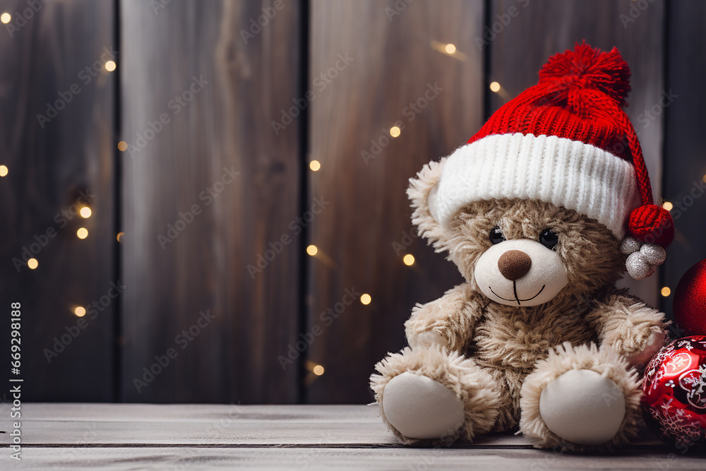 Obraz premium Teddy Bear on a Christmas Decorated Wooden Background - Created with Generative AI Tools