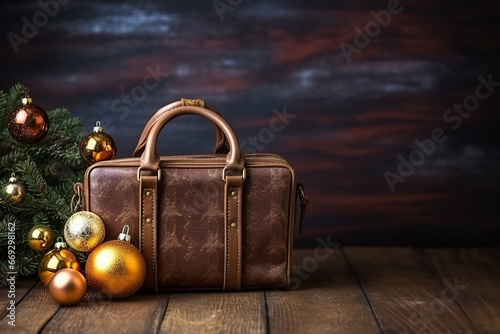 Luxury Handbag with Christmas Decoration on Old Brown Grunge Wooden Board - Created with Generative AI Tools