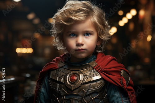 A child in a superhero costume, illustrating the potential and power that children possess. Generative Ai.