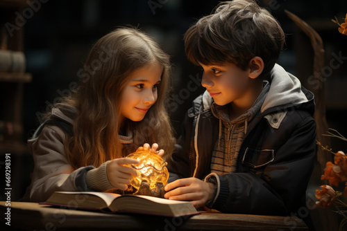 A boy and a girl exchanging books, encouraging a love for learning and knowledge-sharing. Generative Ai.