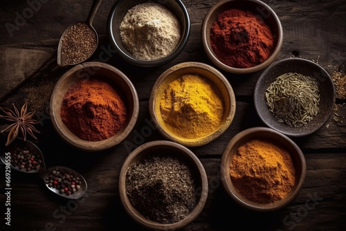 A set of various spices in bowls on a dark background. Generative AI. © Oksana