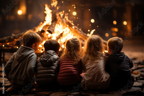 Children gathered around a fireplace, eagerly waiting for Santa Claus to arrive. Concept of the anticipation of Christmas. Generative Ai.