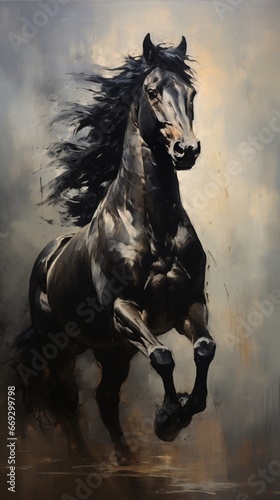 Painting black horse side view style animal oil painting photography image AI generated art © Biplob