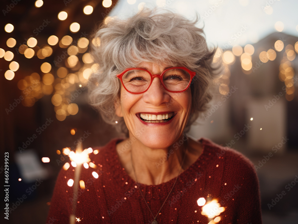 Portrait of happy old woman celebrating Christmas with sparklers