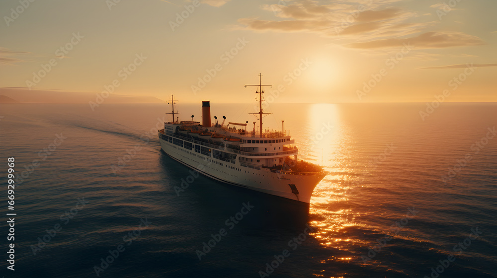 A cruise ship sails across the ocean during the golden hour
