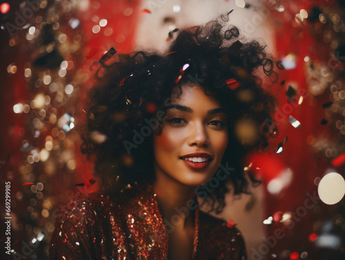 Portrait of smiling beautiful young black woman at the party surrounded with confetti 