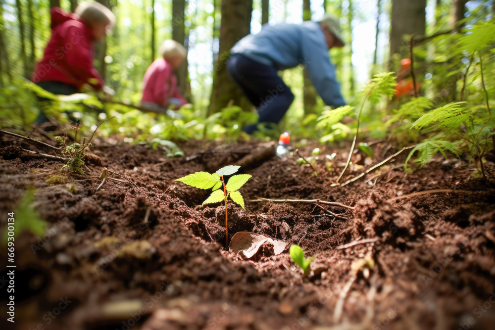 Students and adults weeding an old forest. Students and adults weeding an old forest.
