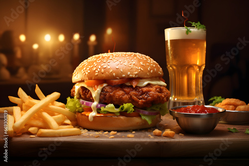 zinger burger with fries, sauce, and drink AI generated