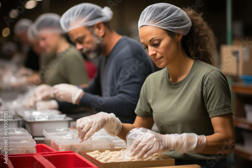 A group of volunteers packing food supplies for a hunger relief mission, highlighting efforts to combat hunger. Generative Ai.