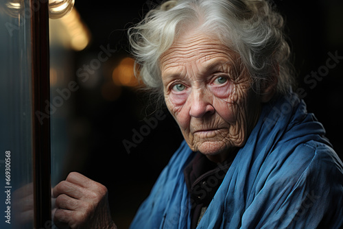 An elderly woman with a worried expression looking into an empty refrigerator, illustrating food insecurity in the elderly population. Generative Ai. © Sebastian