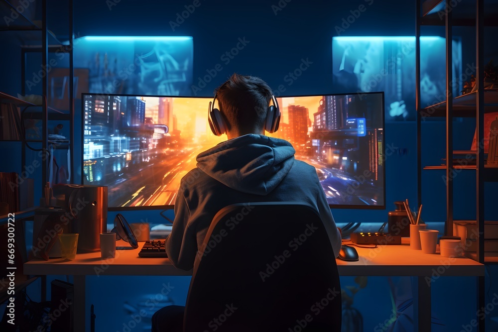 young male computer gamer playing online in futuristic room young male computer gamer playing online in futuristic room