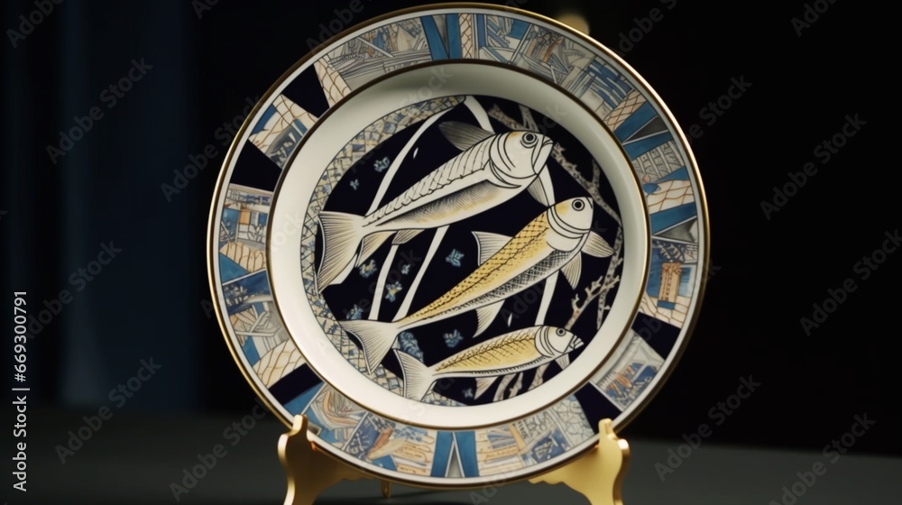 Fototapeta premium Porcelain plate with fish deco style chinese illustration image AI generated art