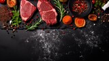 A set of juicy raw steaks, kebabs, cutlets and meat with spices and herbs. On a black stone background. Top view. generative ai