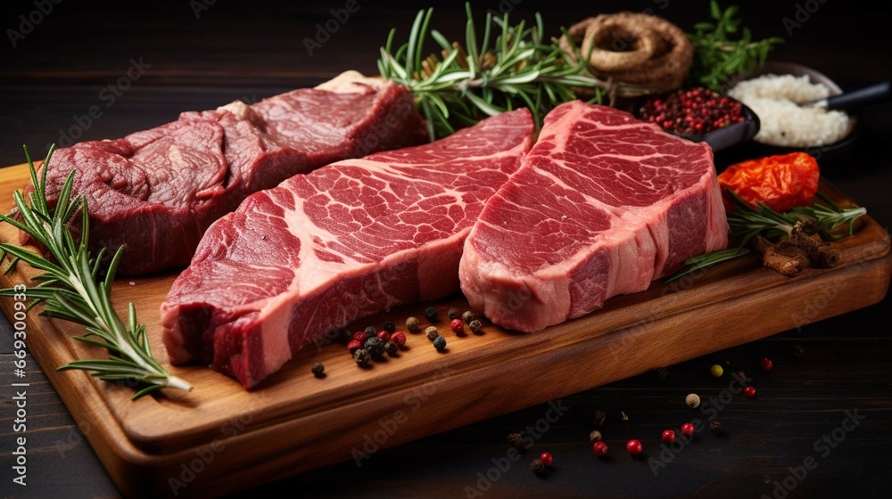Variety of Raw Black Angus Prime meat steaks Machete, Blade on bone, Striploin, Rib eye, Tenderloin fillet mignon on wooden board. generative ai