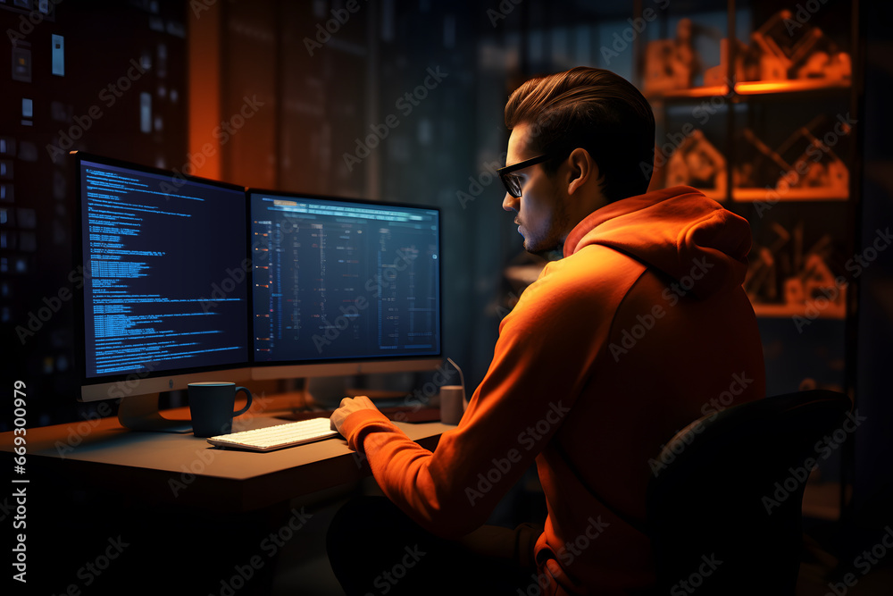 young male software developer coding at the young male software developer coding at the