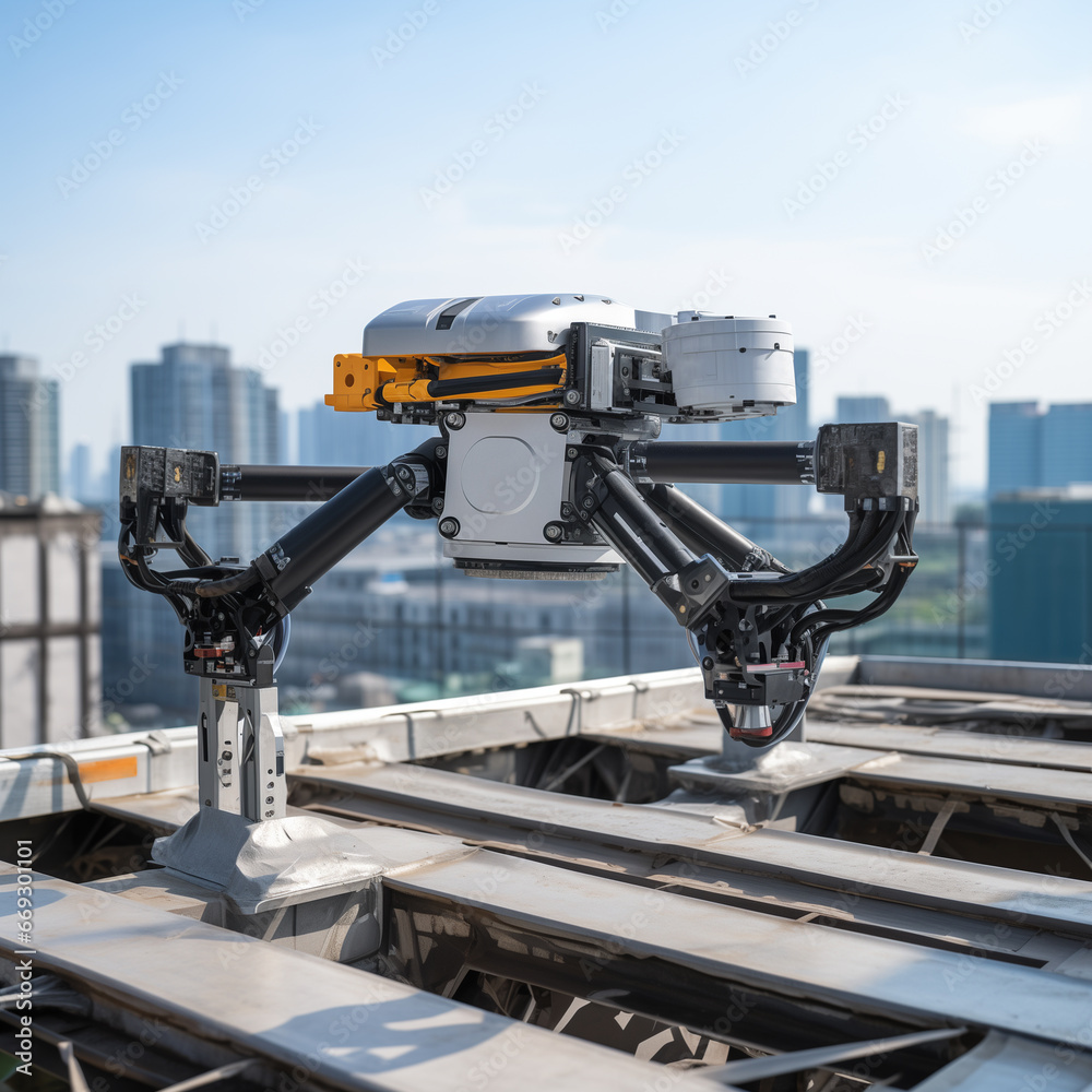 Robotic arms and drone work and built on the rooftop of building at the construction site in the city.
