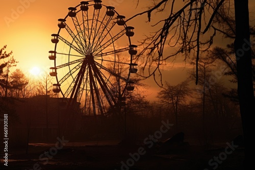 Abandoned theme park after nuclear fallout, Ferris wheel silhouette © furyon