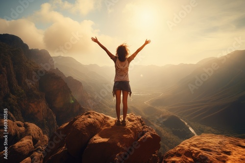 Happy woman with arms raised on mountain peak.