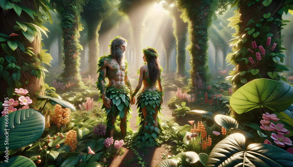 Adam and Eve in the garden of Eden - obrazy, fototapety, plakaty 