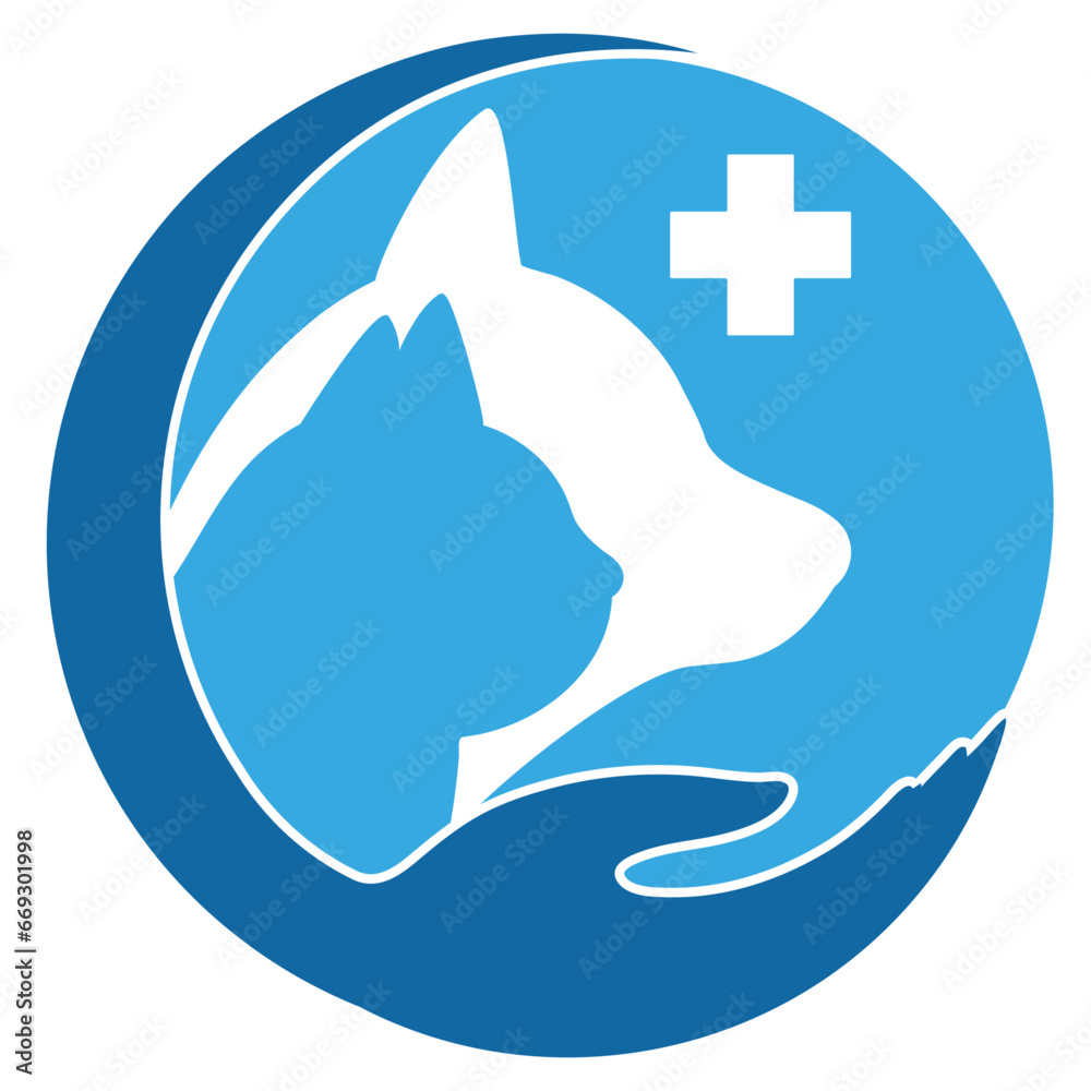 Illustration of a logo of a veterinary clinic. Dog and cat with a medical cross on a white background