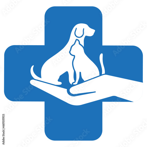 Illustration caring for pets. Dog and cat on the background of hand with a medical cross