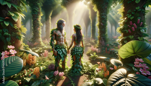 Adam and Eve in the garden of Eden photo