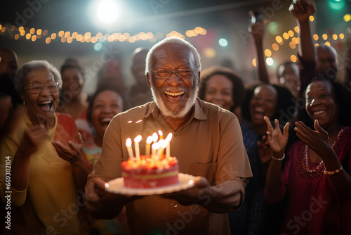 Afro-American elderly man holding a birthday cake with lots of candles, celebrating a birthday in a retirement village, cheerful crowd in a background out of focus