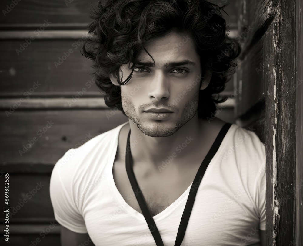 Latin male model in artistic black and white shot. Latin male model in artistic black and white shot.
