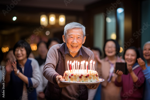 Asian elderly man holding a birthday cake with lots of candles, celebrating a birthday in a retirement village, cheerful crowd in a background out of focus