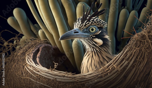 Roadrunner with birds nest realistic impressive Ai generated art photo