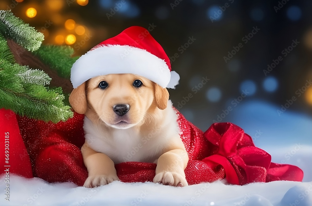 A cute puppy in a Santa Claus hat sits near a fir tree in a winter forest A cute puppy in a Santa Claus hat sits near a fir tree in a winter forest