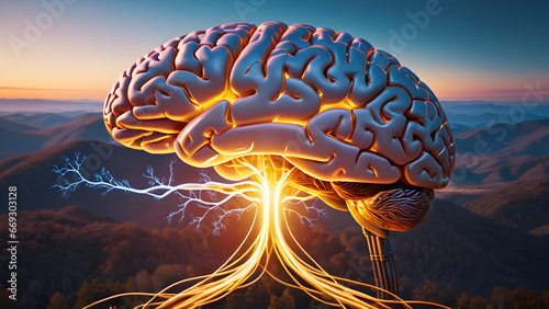 A ilustração de um cérebro humano conectado a uma rede neural artificial photo