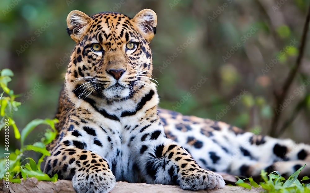 A close-up of a Leopard laying on a Rock Generative AI. A close-up of a Leopard laying on a Rock Generative AI.