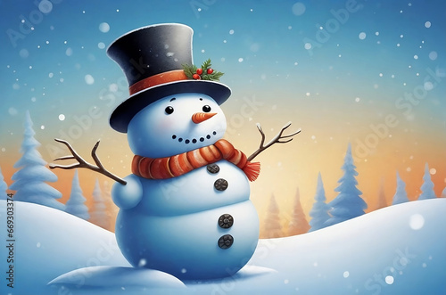 Cute New Year snowman in a scarf and cylinder in a snowy forest © Anastasiia Soina