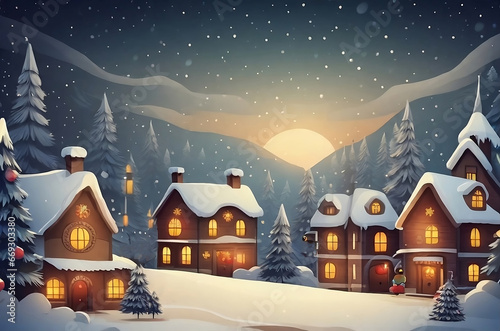 Cozy country houses in the snowy forest against the background of the full moon peeking out from behind the silhouette of the mountains. New Year atmosphere. Christmas background