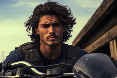 Latin male model on a motorcycle journey. © furyon