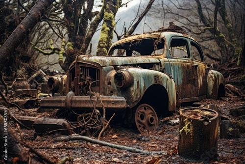 Rusty remnants of vehicles abandoned after nuclear event photo