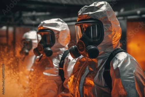 Scientists in protective gear scanning for radiation photo