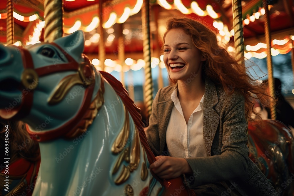 Woman joyously riding a carousel horse at a fair.