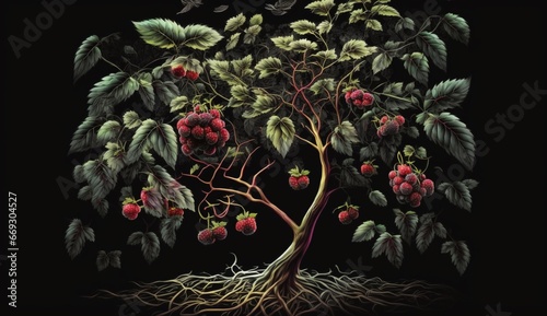 September everbearing raspberry tree black illustrator Ai generated art photo