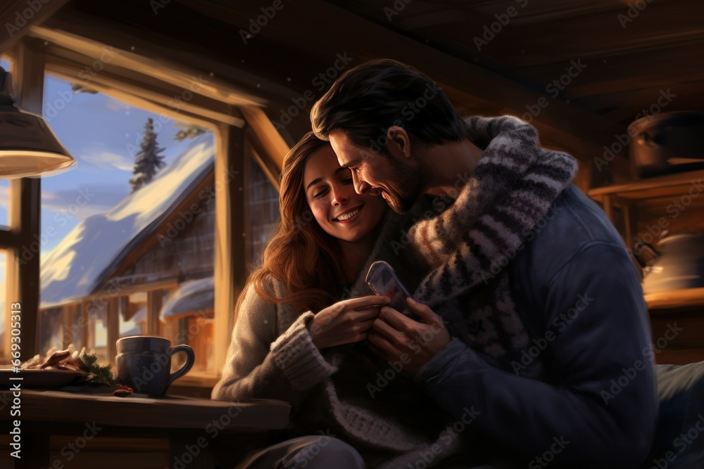 Candid shot of a couple cozying up with blankets and hot drinks in a winter cabin.